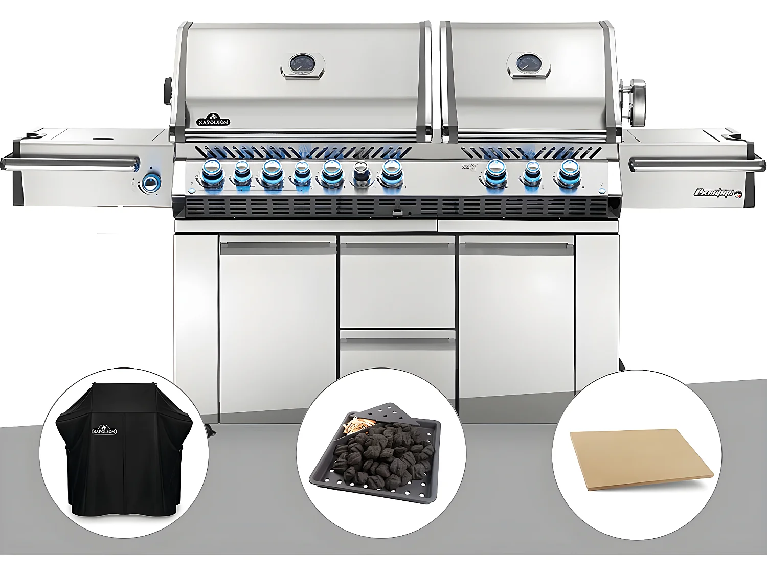 Barbecue à gaz Prestige Pro 825 + Housse de protection + Plateau charbon + Pierre à pizza large rectangle - Napoleon