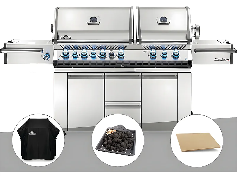 Barbecue à gaz Prestige Pro 825 + Housse de protection + Plateau charbon + Pierre à pizza large rectangle - Napoleon