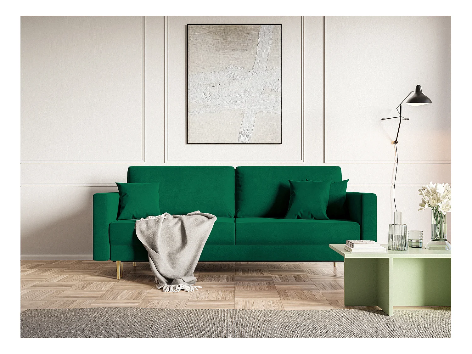 Canapé convertible - 200 cm - 3 places - velours hydrophobe - vert - VALICO