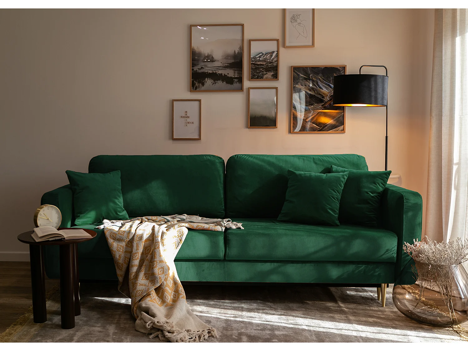 Canapé convertible - 200 cm - 3 places - velours hydrophobe - vert - VALICO