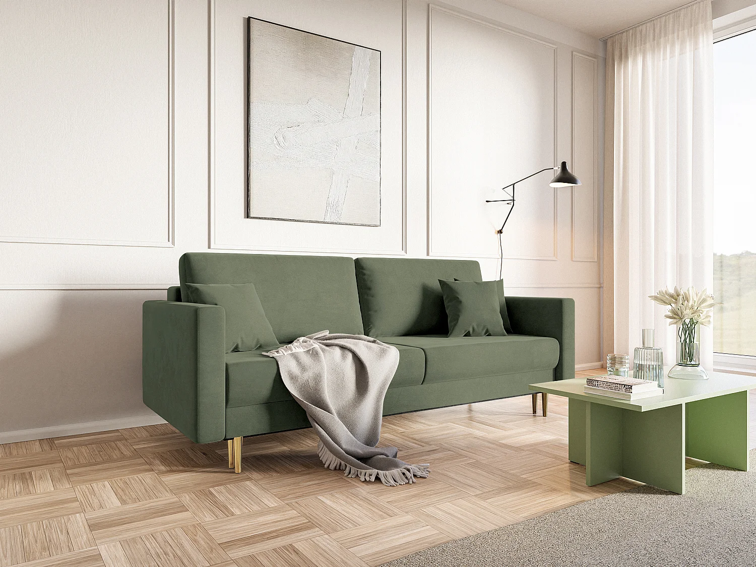 Slaapbank - 200 cm - 3 zitplaatsen - hydrofoob fluweel - olijf - VALICO