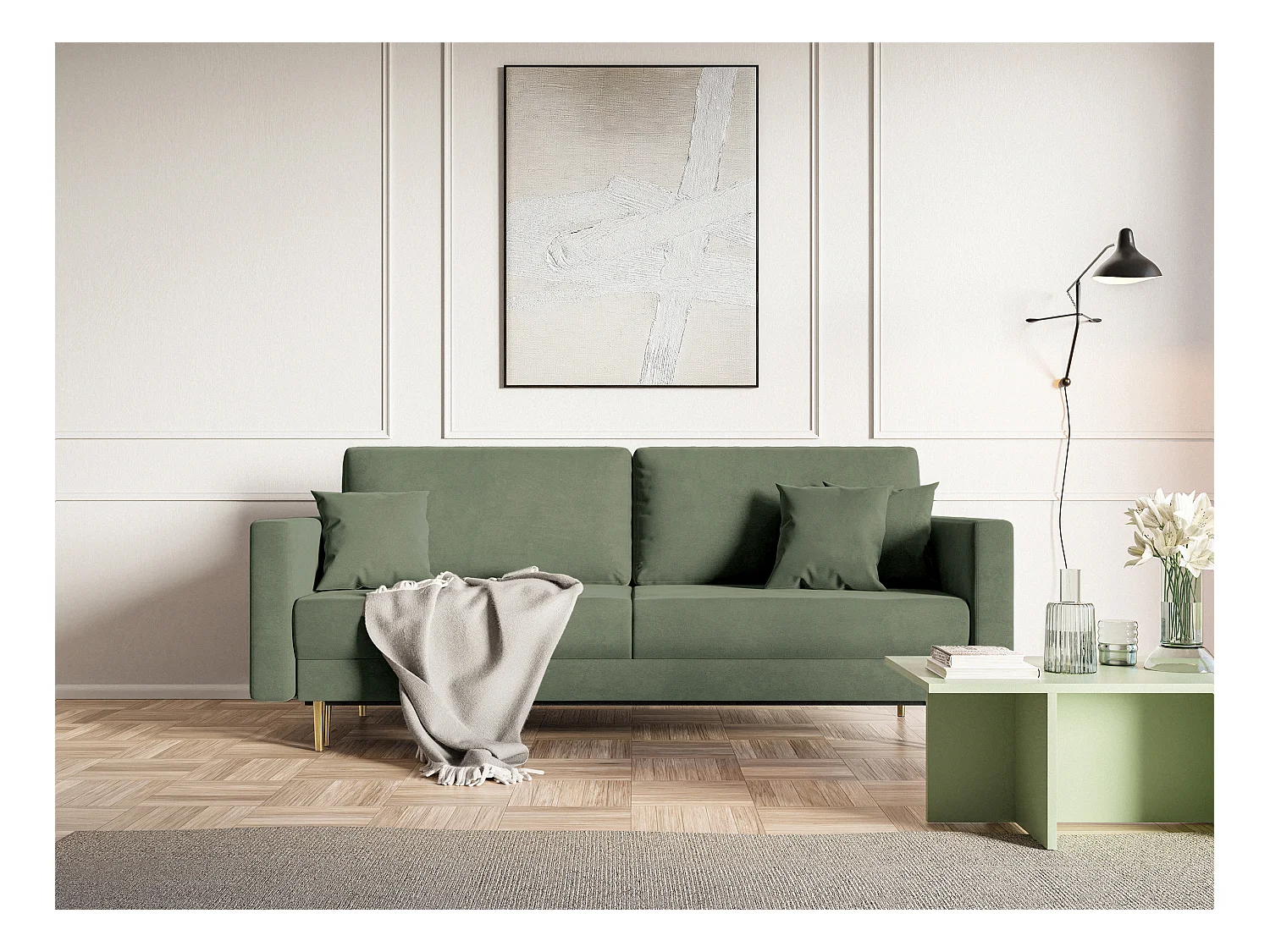 Canapé convertible - 200 cm - 3 places - velours hydrophobe - olive - VALICO