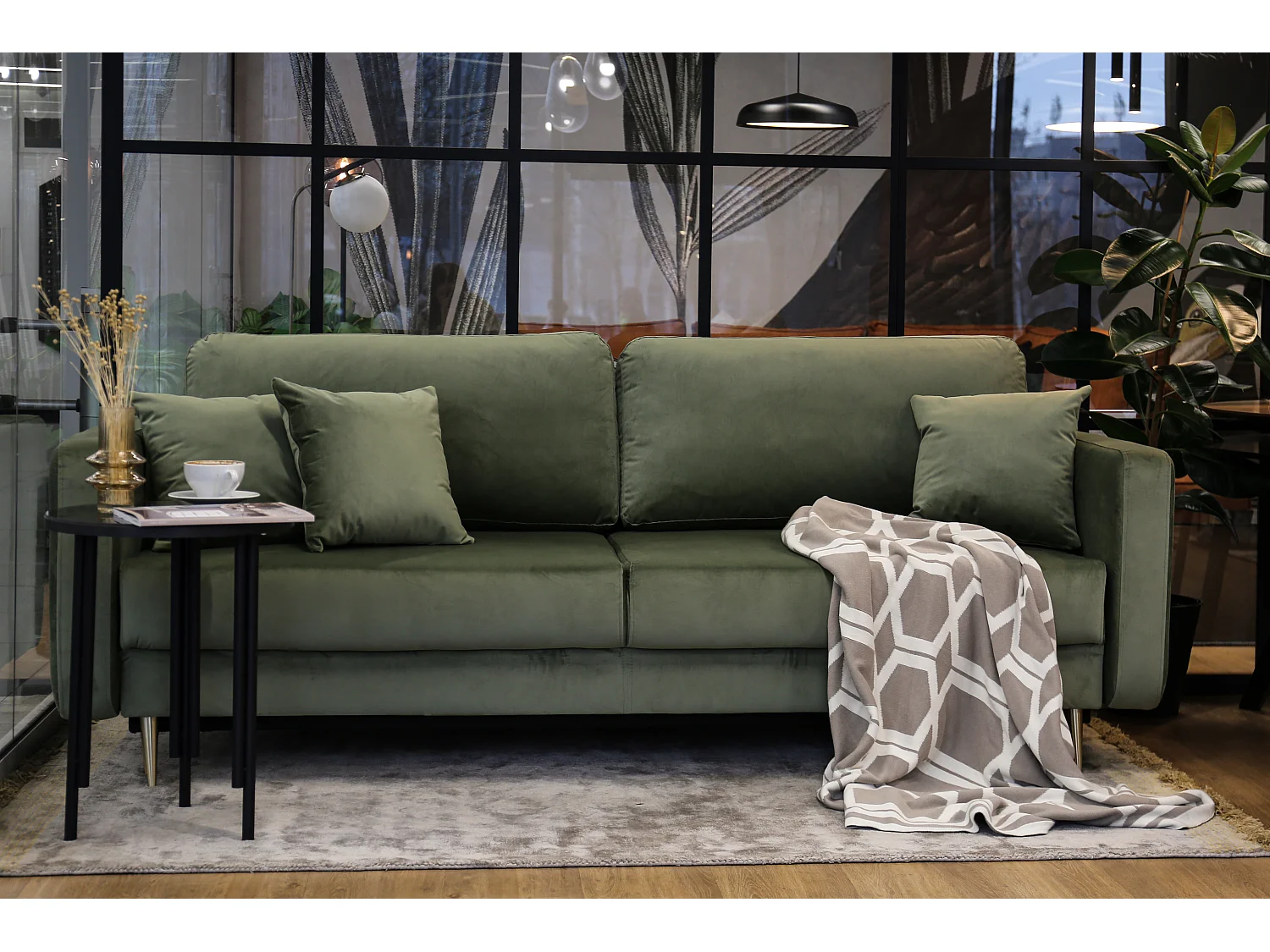 Canapé convertible - 200 cm - 3 places - velours hydrophobe - olive - VALICO