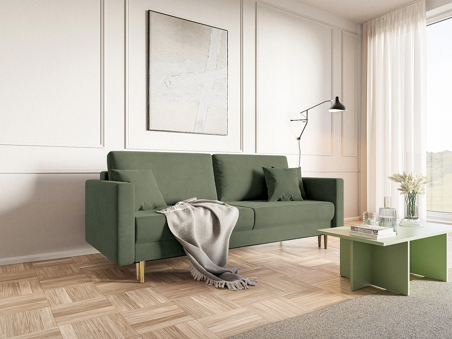 Slaapbank - 200 cm - 3 zitplaatsen - hydrofoob fluweel - olijf - VALICO