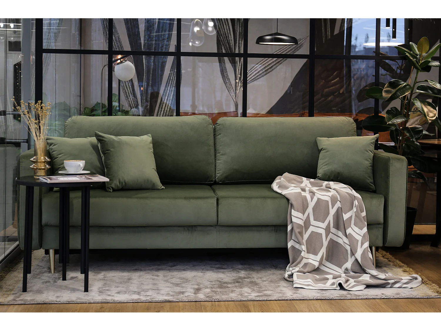 Slaapbank - 200 cm - 3 zitplaatsen - hydrofoob fluweel - olijf - VALICO