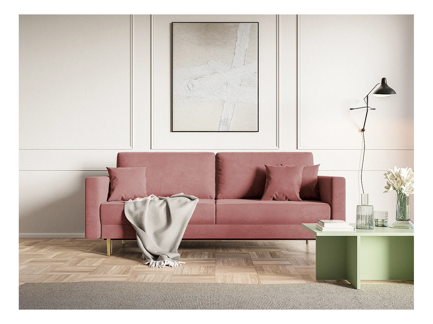Canapé convertible - 200 cm - 3 places - velours hydrophobe - rose - VALICO