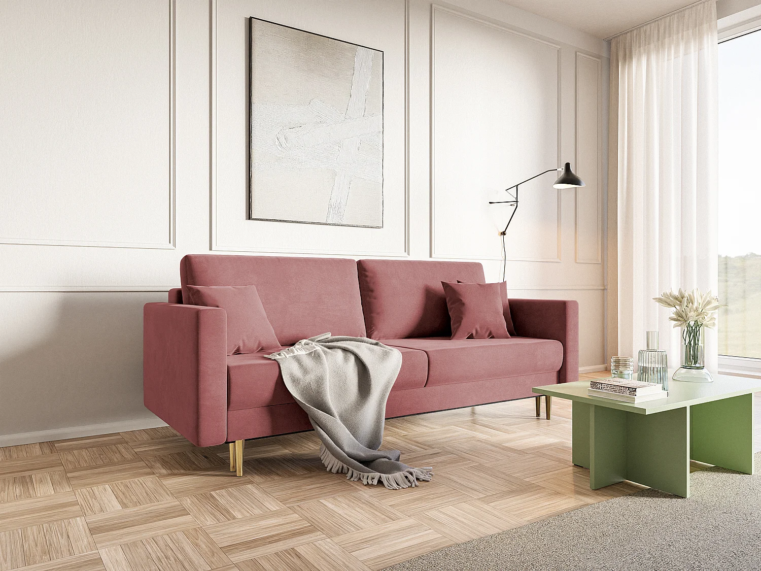 Canapé convertible - 200 cm - 3 places - velours hydrophobe - rose - VALICO