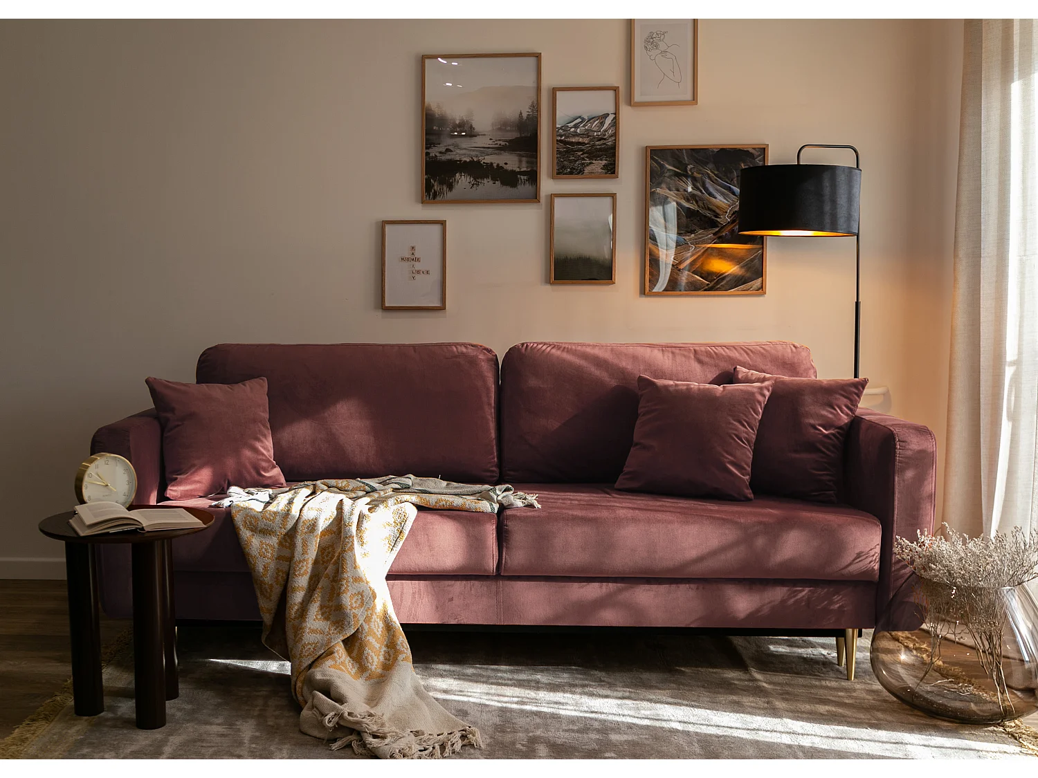 Canapé convertible - 200 cm - 3 places - velours hydrophobe - rose - VALICO