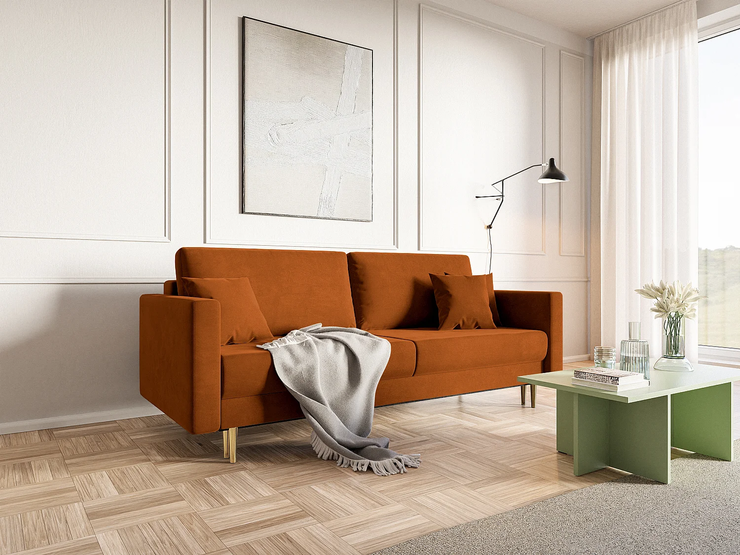 Converteerbare bank - 200 cm - 3 zitplaatsen - hydrofoob fluweel - koper - VALICO