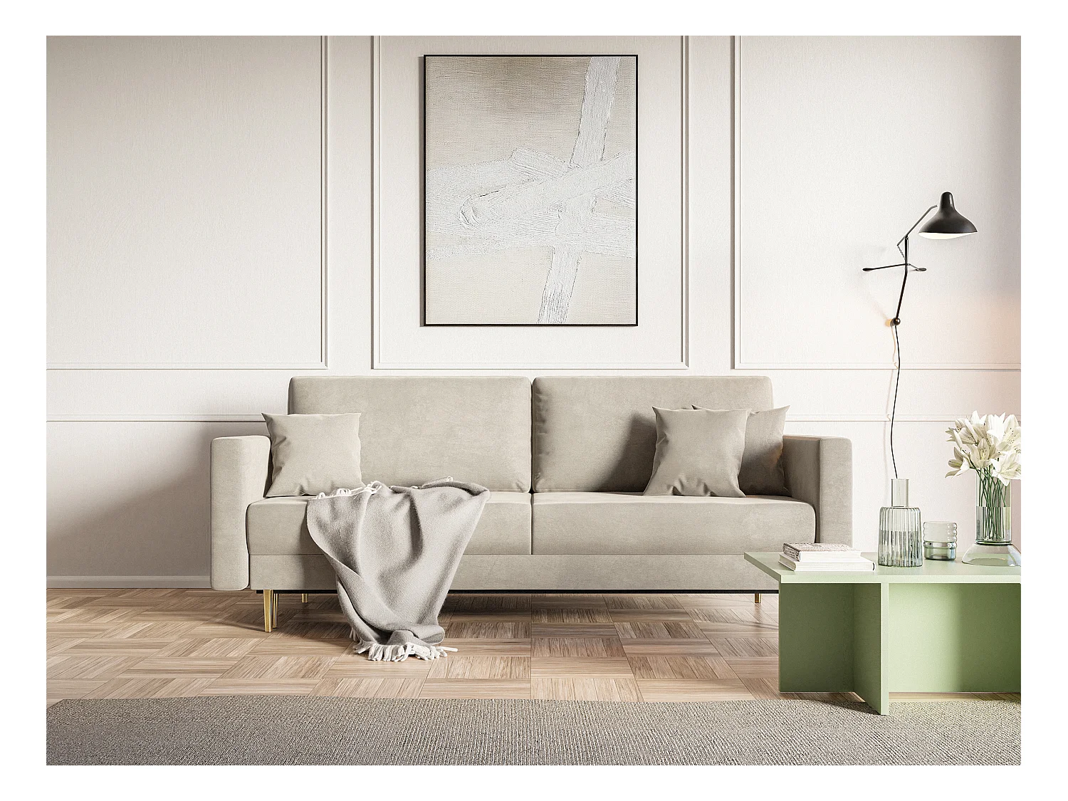 Canapé convertible - 200 cm - 3 places - velours hydrophobe - beige - VALICO