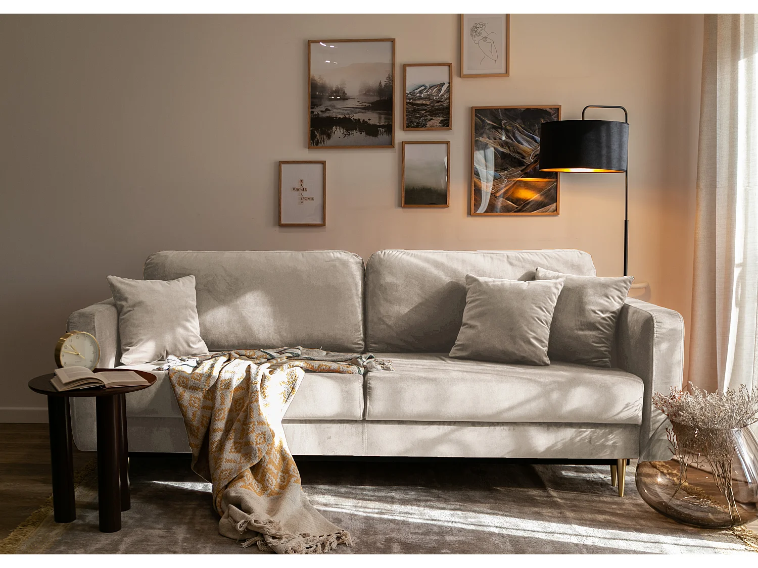 Slaapbank - 200 cm - 3 zitplaatsen - hydrofoob fluweel - beige - VALICO