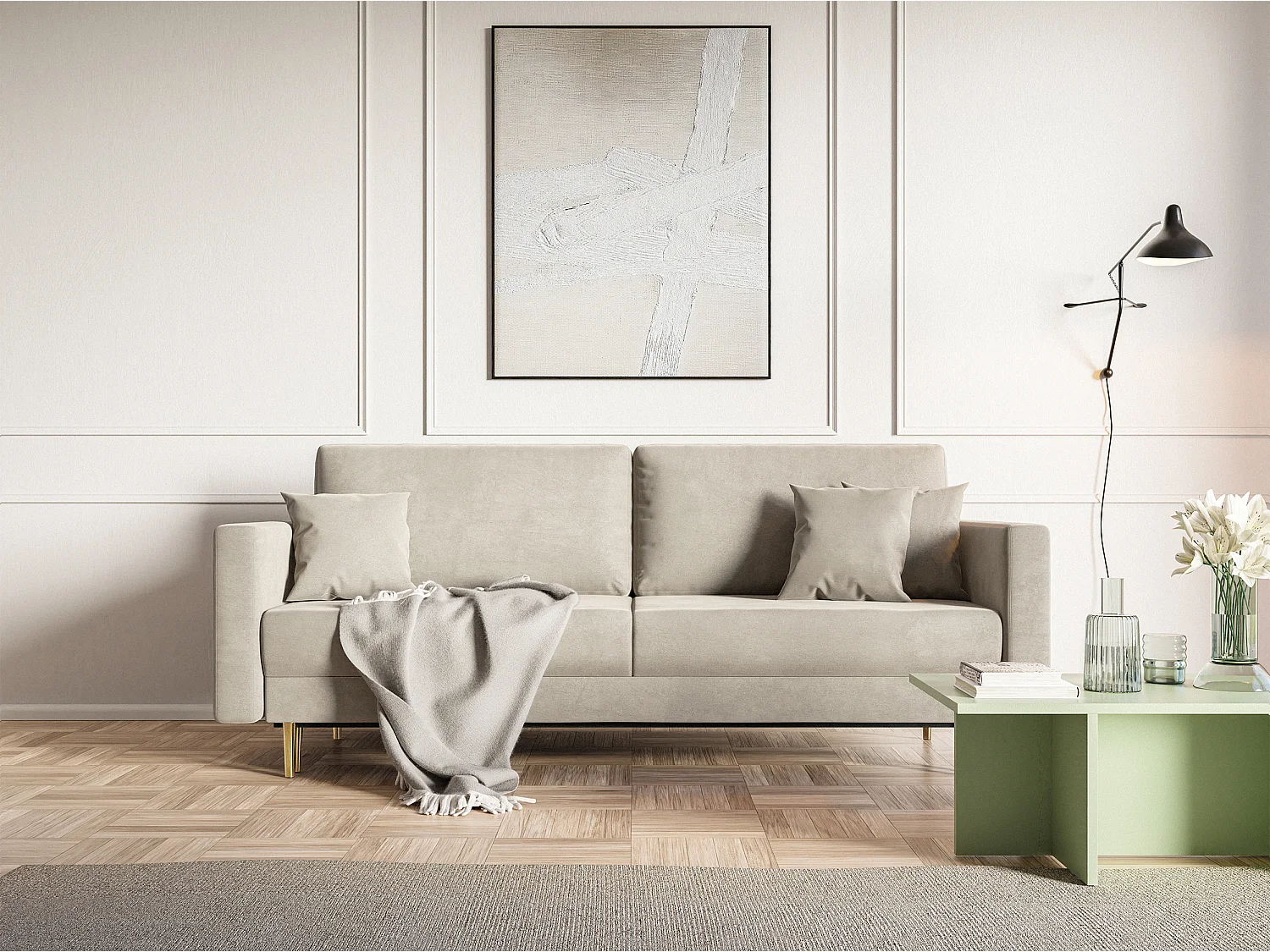 Canapé convertible - 200 cm - 3 places - velours hydrophobe - beige - VALICO