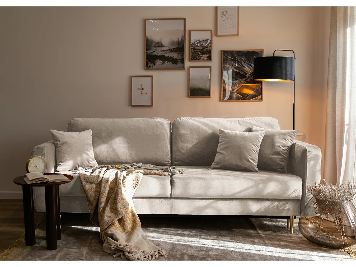 Canapé convertible - 200 cm - 3 places - velours hydrophobe - beige - VALICO