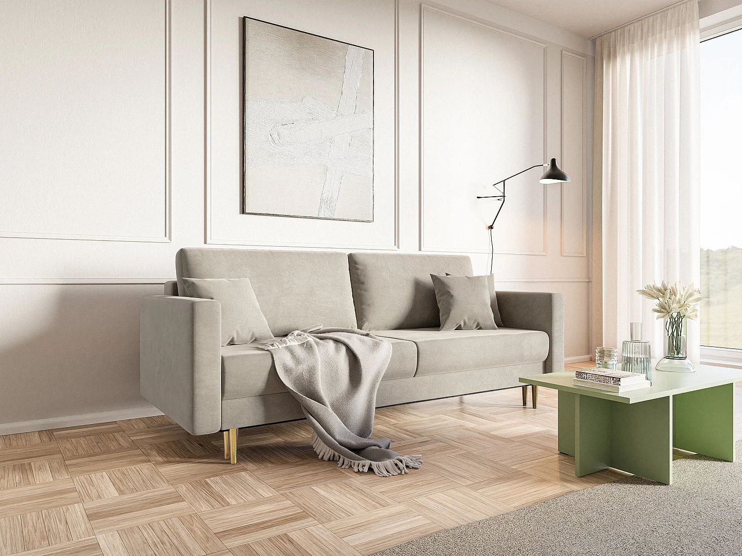 Canapé convertible 3 places en velours beige VALICO