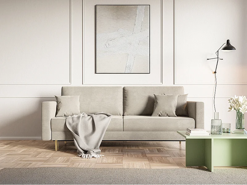 Canapé convertible - 200 cm - 3 places - velours hydrophobe - beige - VALICO