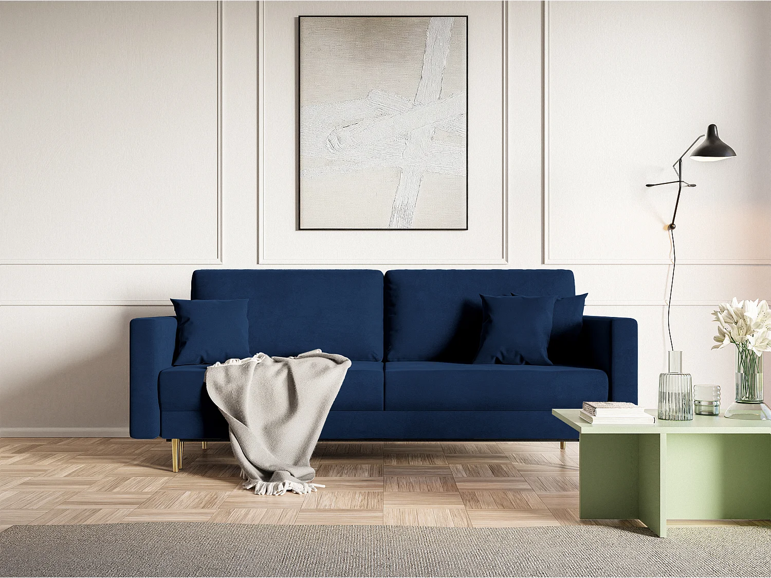 Slaapbank - 200 cm - 3 zitplaatsen - hydrofoob fluweel - marineblauw - VALICO