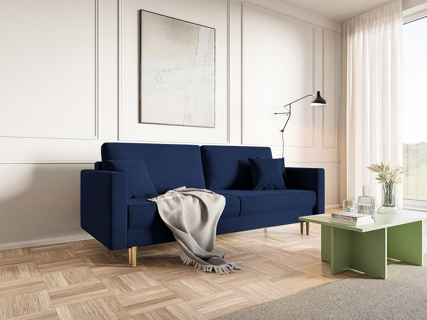 Slaapbank - 200 cm - 3 zitplaatsen - hydrofoob fluweel - marineblauw - VALICO