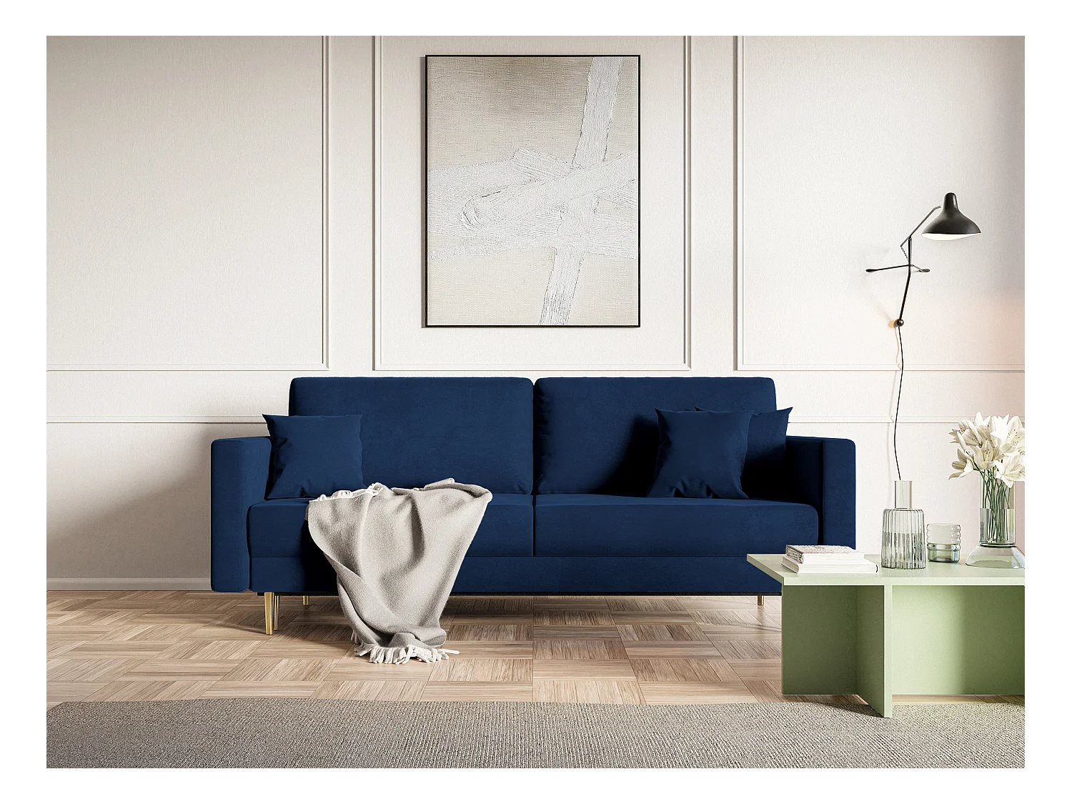 Canapé convertible - 200 cm - 3 places - velours hydrophobe - bleu marin - VALICO