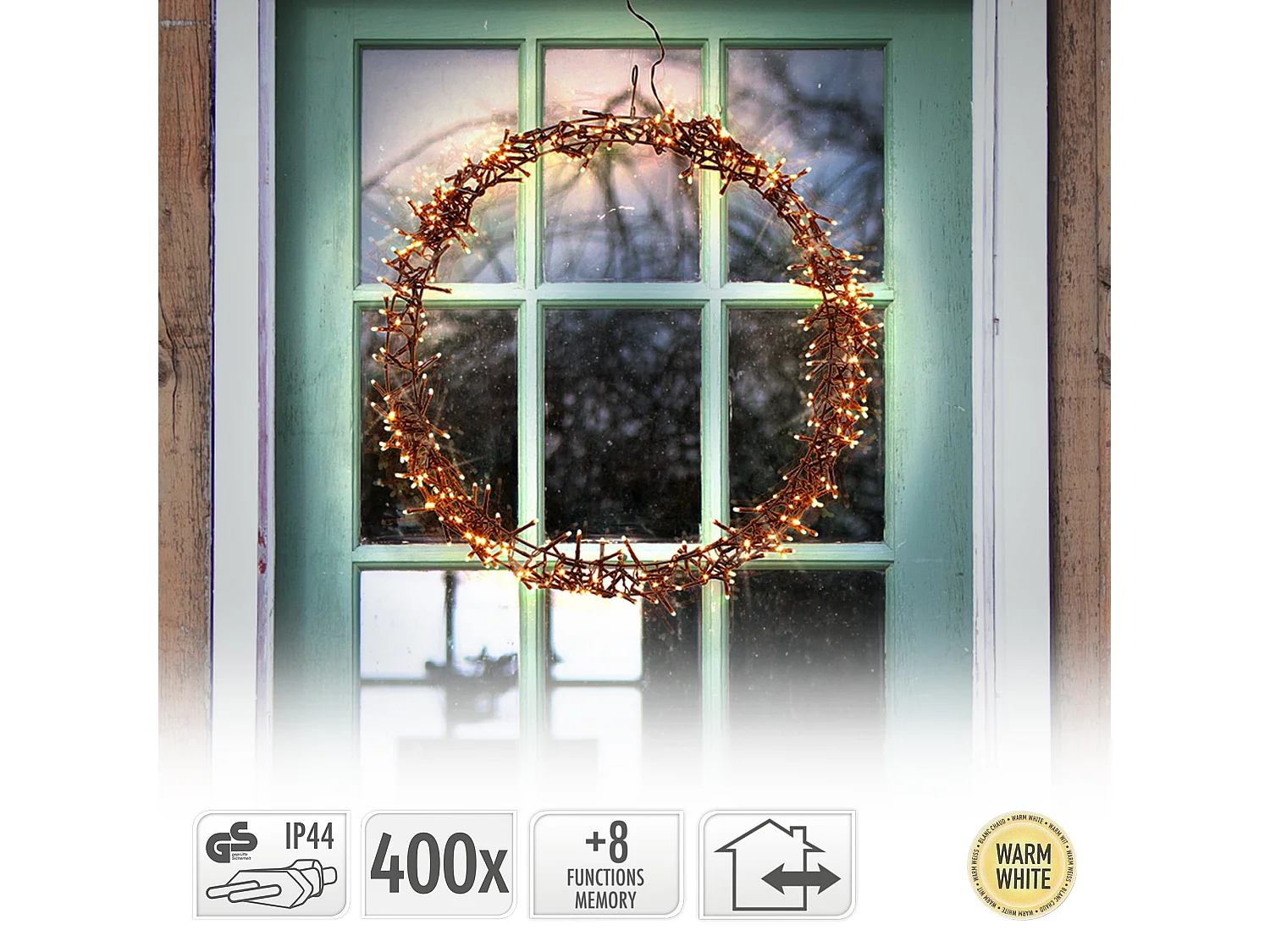 Corona de navidad iluminada para ventana o puerta 400LEDs blanco cálido Ø 48cm