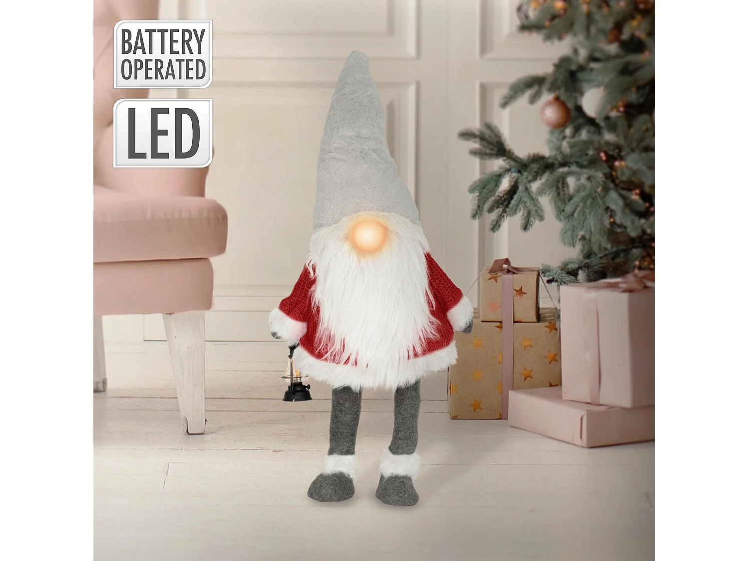 Gnome de Noël ornement poupée lanterne LED à piles figurine d'elfe rouge 80 cm
