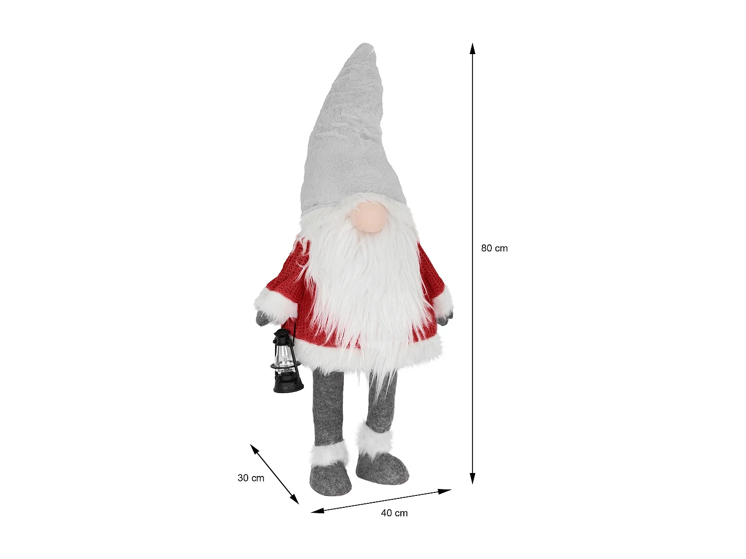 Gnome de Noël ornement poupée lanterne LED à piles figurine d'elfe rouge 80 cm