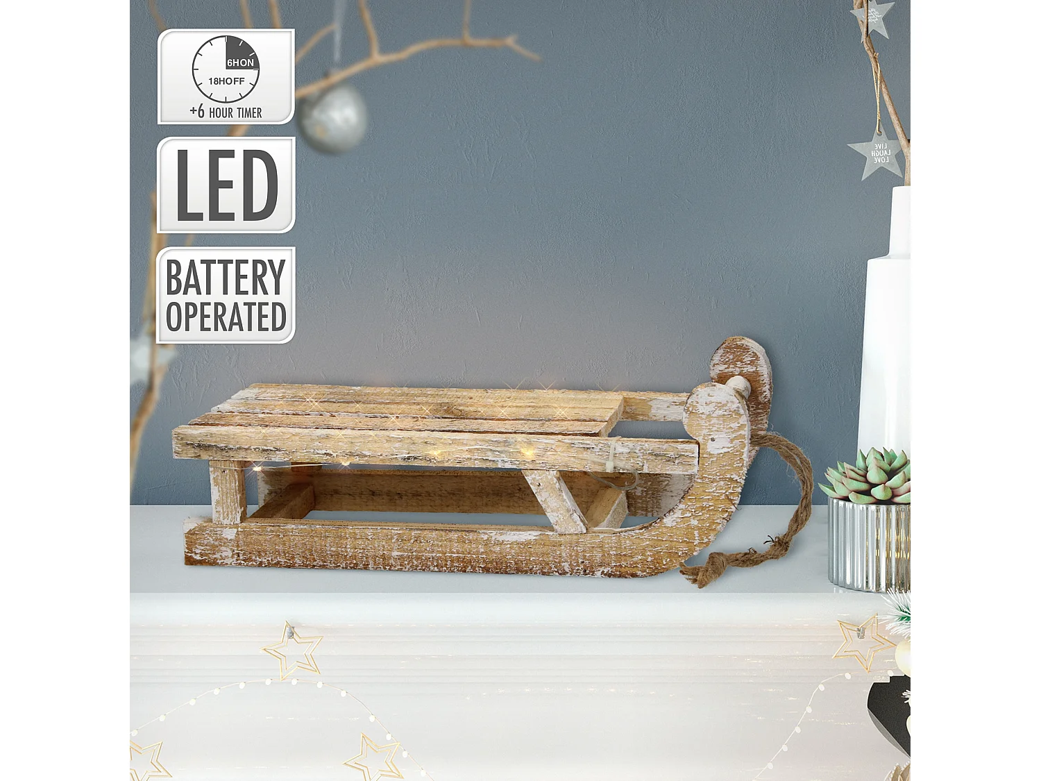 Trineo decorativo navidad madera marrón natural con LED blanco cálido 31,5 cm