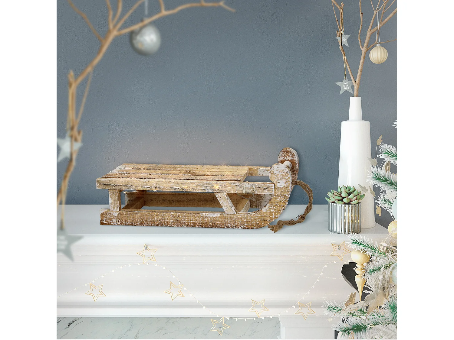 Traîneau décoratif avec 25 LED décoration de Noël en bois naturel marron 31,5 cm