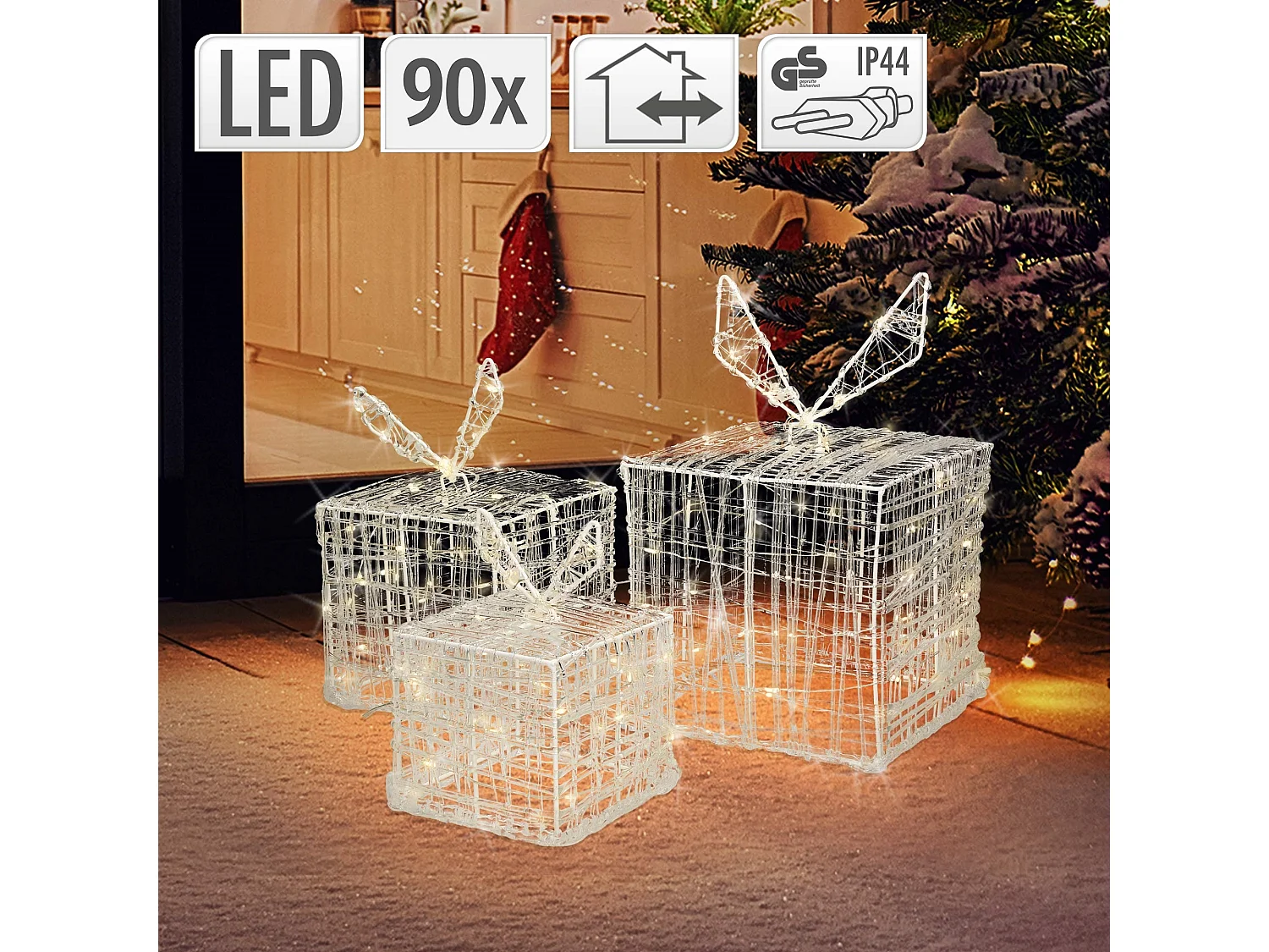 Set di 3 Scatole regalo luminose 90 LED bianco caldo decorazione natalizia IP44