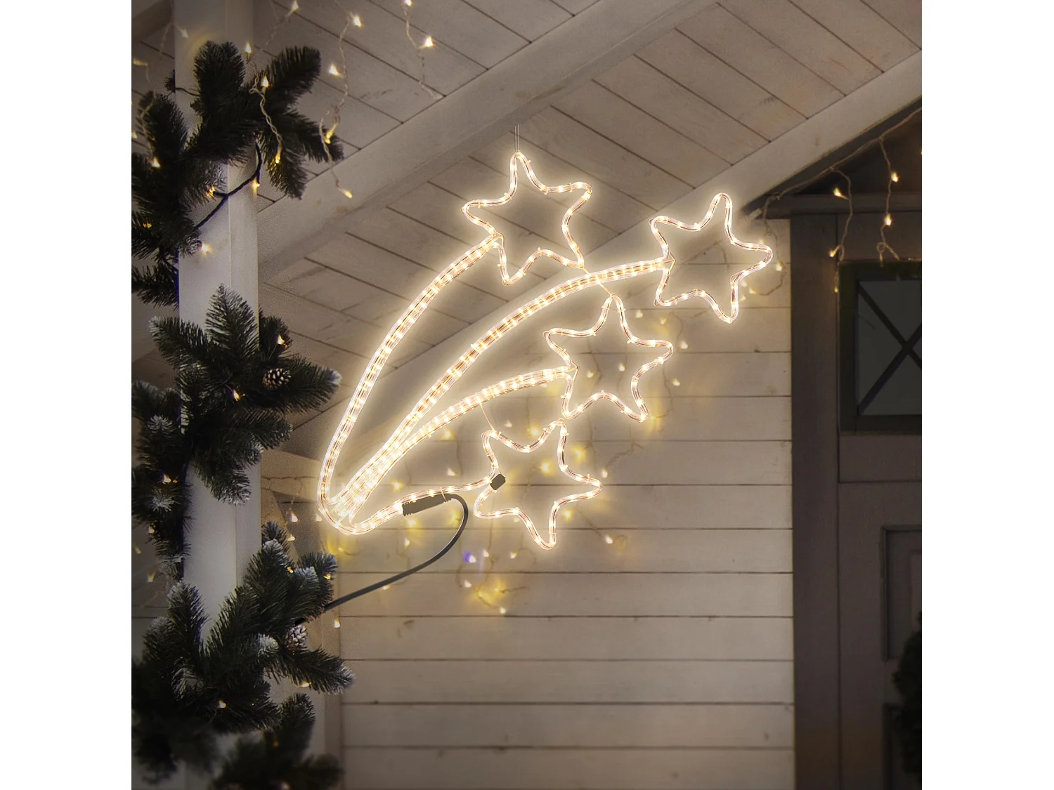 Estrella fugaz cuádruple 216 LEDs blanco cálido decoración navideña ventana 6m