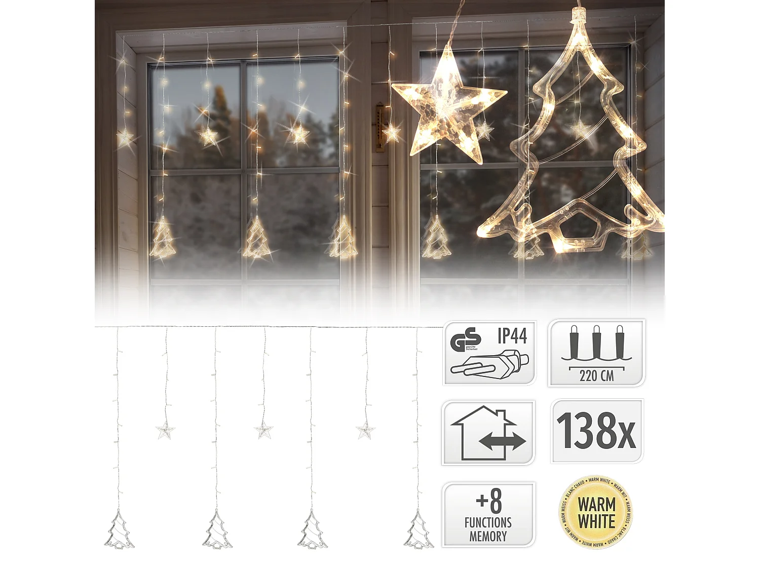 Tenda luminosa natalizia 138 LED fiocco di neve bianco caldo timer e 8 funzioni