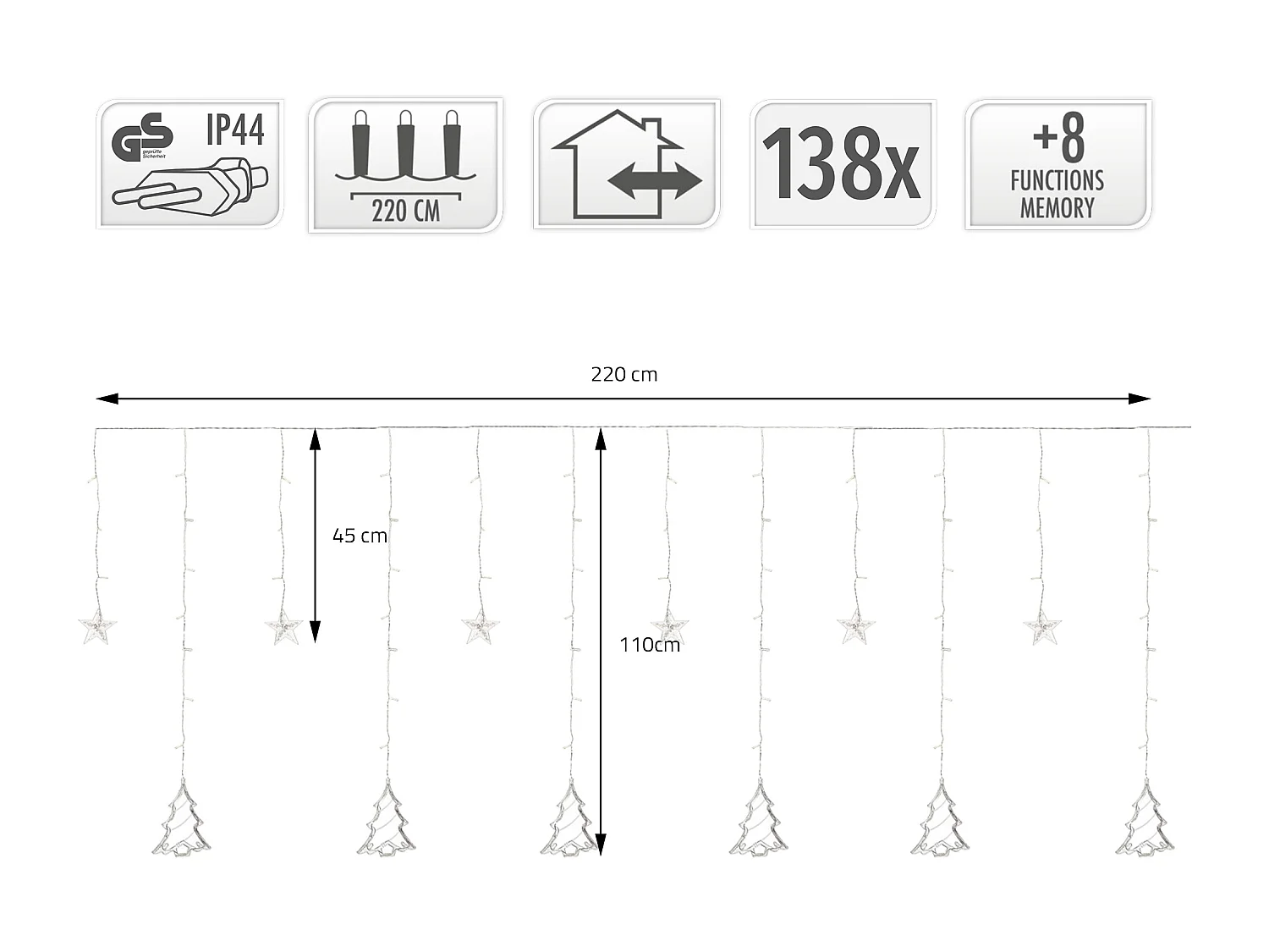 Tenda luminosa natalizia 138 LED fiocco di neve bianco caldo timer e 8 funzioni