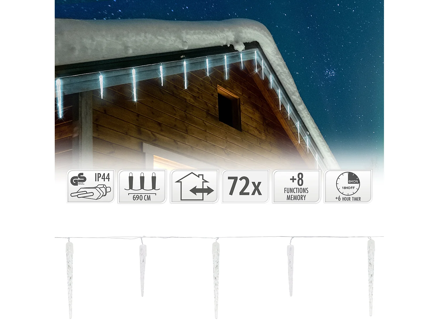 ECD Germany LED Eiszapfen Lichterkette Kaltweiß 72 LEDs, 6,9m, 8 Modi, Timer, IP44 Außen, Eiszapfenkette Eisregen Weihnachtsbeleuchtung Weihnachtsdeko