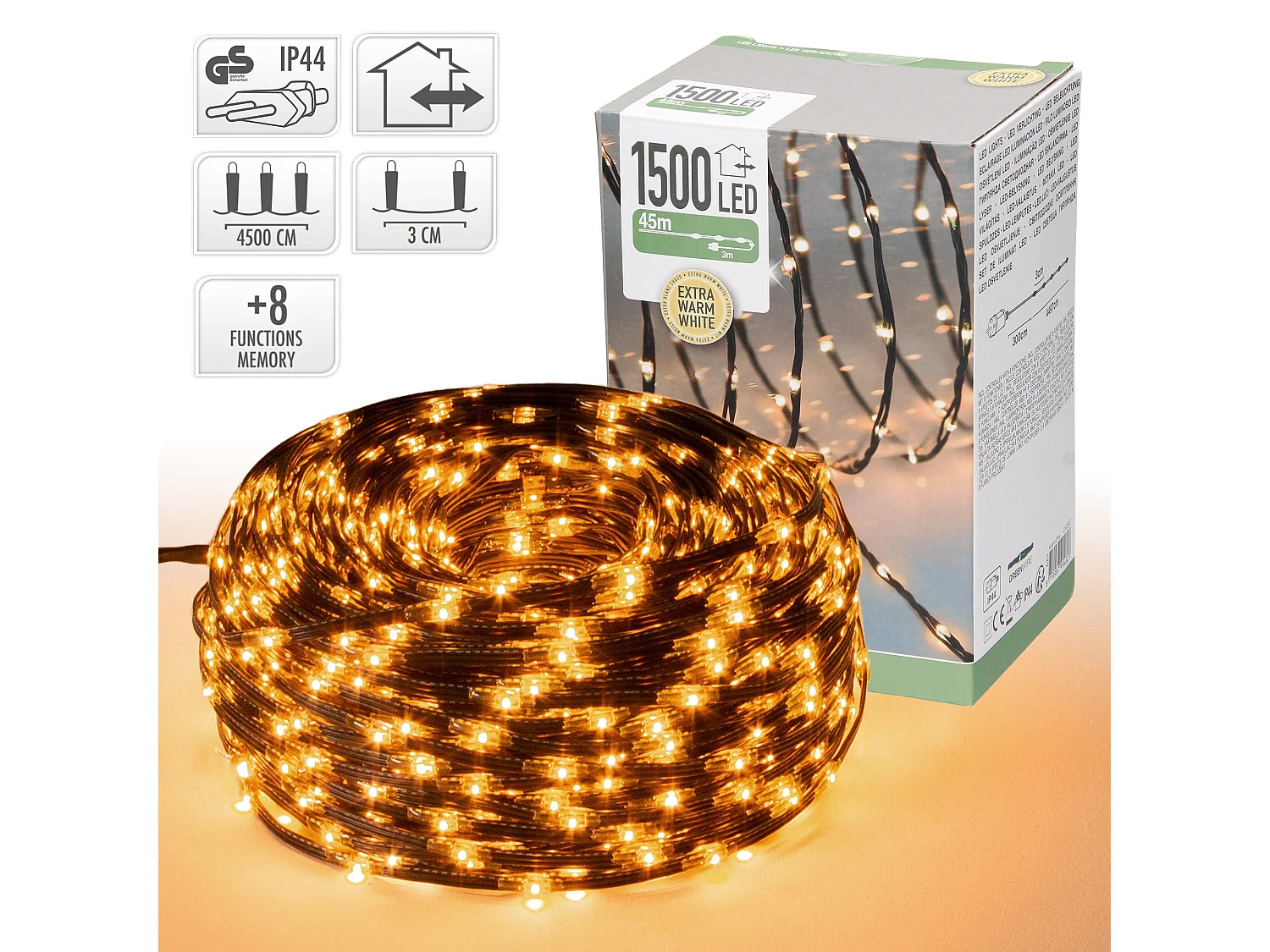 Guirlande lumineuse 1500 LED blanc chaud décoration Noël intérieur/extérieur 45m