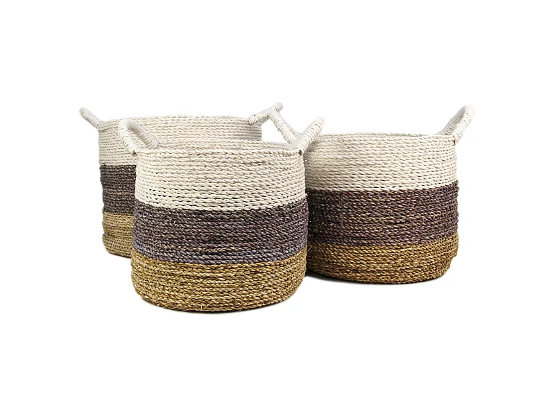 Malibu - Set de 3 paniers de rangement - Jonc de mer - Naturel/pourpre/blanc - 36 x 30 x 36 cm