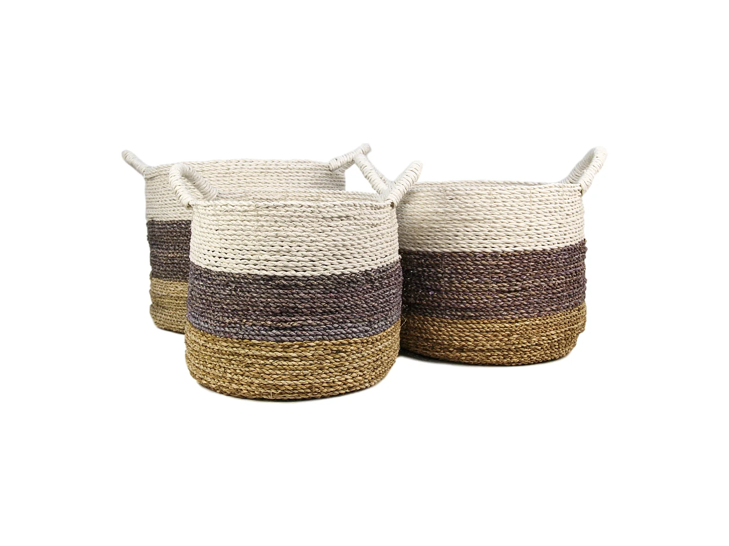 Malibu - Set de 3 paniers de rangement - Jonc de mer - Naturel/pourpre/blanc - 36 x 30 x 36 cm