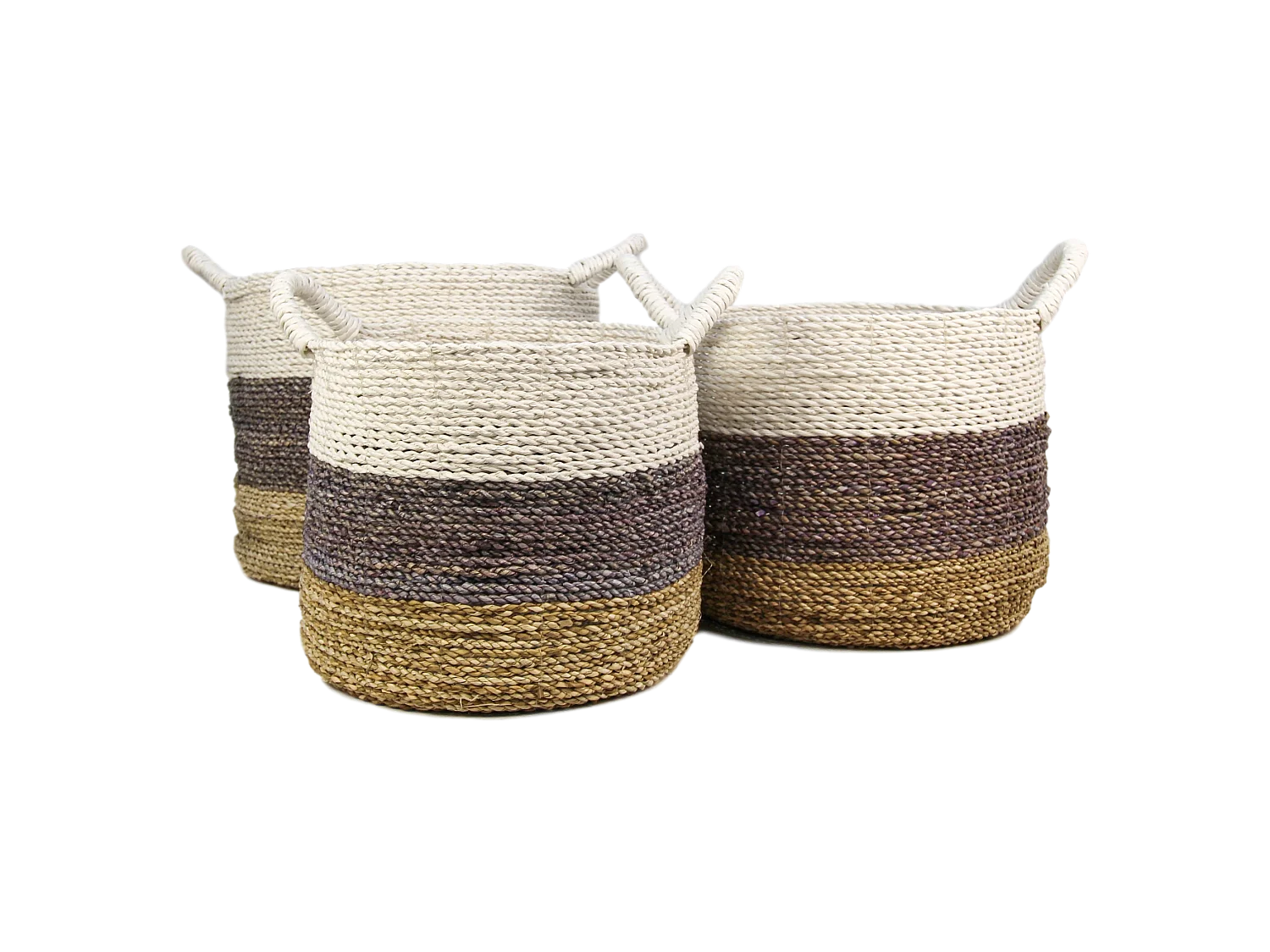 Malibu - Set de 3 paniers de rangement - Jonc de mer - Naturel/pourpre/blanc - 36 x 30 x 36 cm