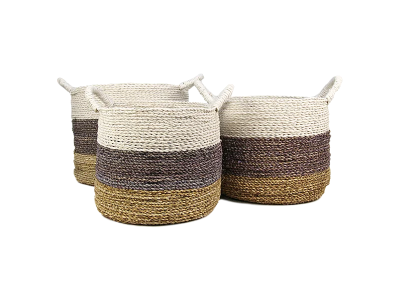 Malibu - Set de 3 paniers de rangement - Jonc de mer - Naturel/pourpre/blanc - 36 x 30 x 36 cm
