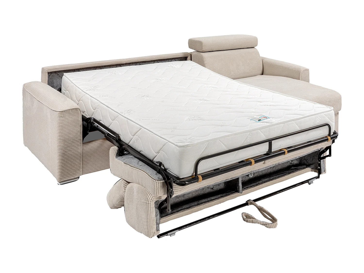 Omkeerbare express-hoekslaapbank van beige ribfluweel - Bed 140 cm - Matras 22 cm - VIZIR