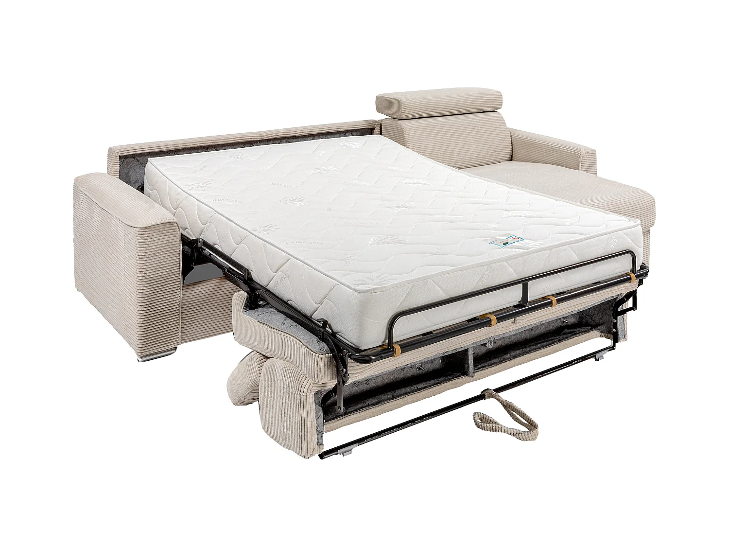 Ecksofa mit Matratze - Ecke wechselbar - Cord - Beige - Liegefläche mit Lattenrost mit breiten Latten 140 cm - Matratze 22 cm - Memory Schaum - VIZIR