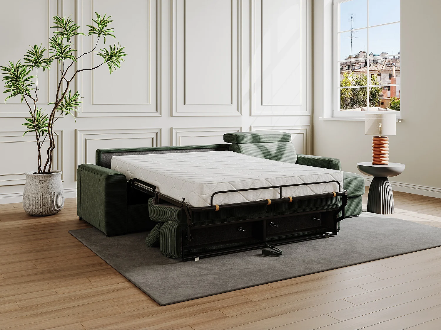 Divano letto ang. a ribalta ang. rev. Letto doghe larghe 140cm Mater. 22cm Velluto a coste Verde - VIZIR