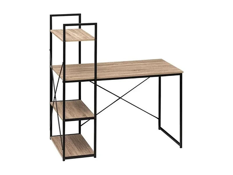 Bureau avec étagères en MDF chêne et métal noir - Longueur 113 x Profondeur 60 x Hauteur 120 cm