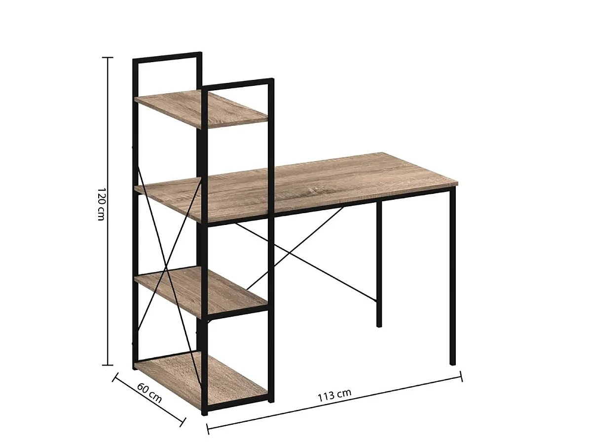 Bureau avec étagères en MDF chêne et métal noir - Longueur 113 x Profondeur 60 x Hauteur 120 cm