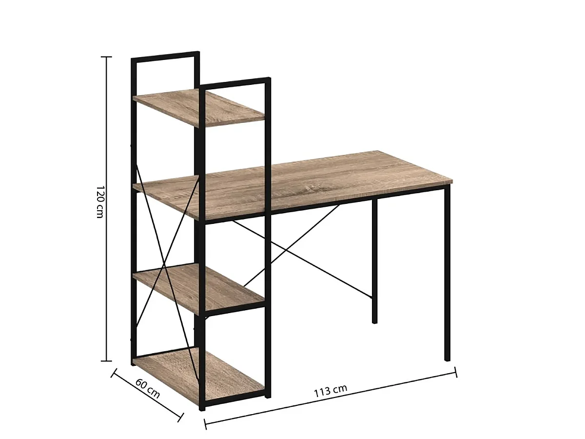 Bureau avec étagères en MDF chêne et métal noir - Longueur 113 x Profondeur 60 x Hauteur 120 cm