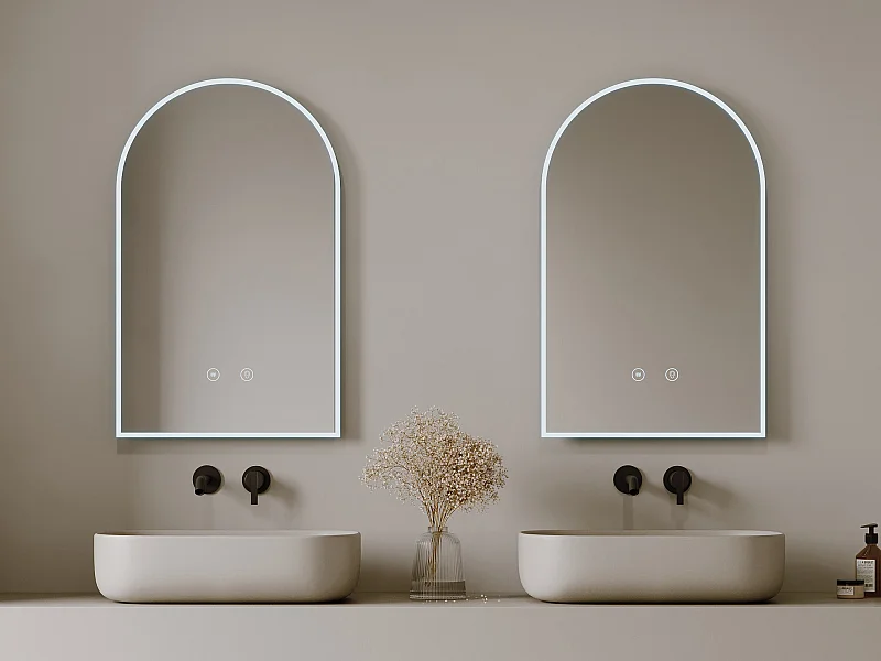 Sæt med 2 bueslebne badeværelsesspejle med anti-dug med LED-belysning - L50 x H80 cm - ARCADI