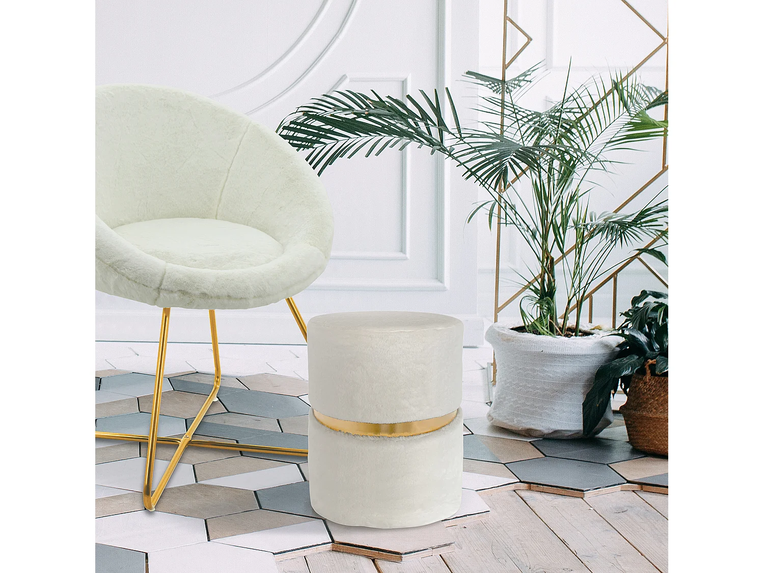 Pouf Imitation Fourrure Aurea Blanc