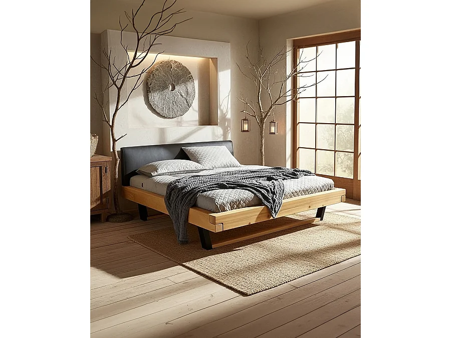 Bakara - Lit poutre en bois massif d'épicéa et métal noir 160 CM