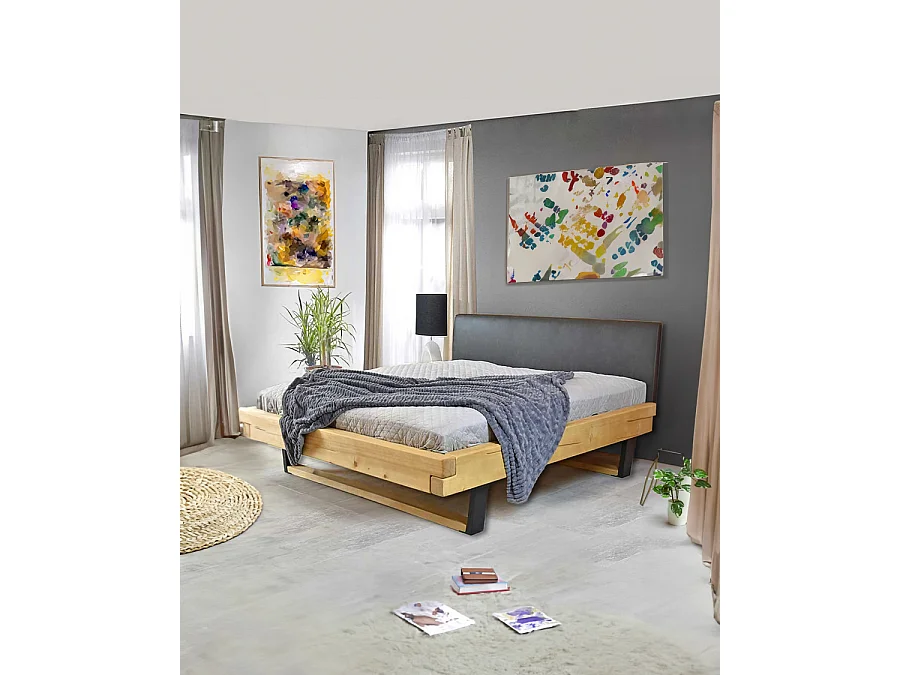 Bakara - Lit poutre en bois massif d'épicéa et métal noir 160 CM