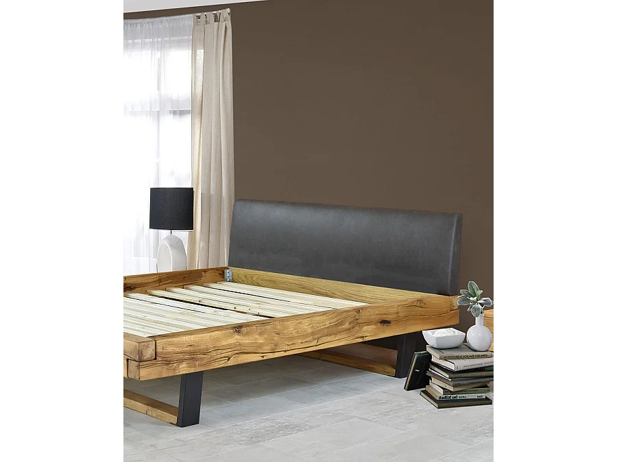 Bakara - Lit poutre en bois massif d'épicéa et métal noir 160 CM