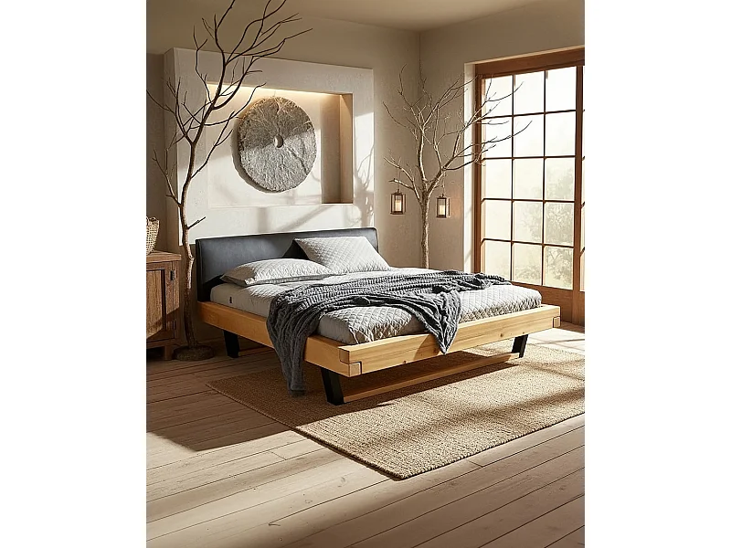 Bakara - Lit poutre en bois massif d'épicéa et métal noir 160 CM