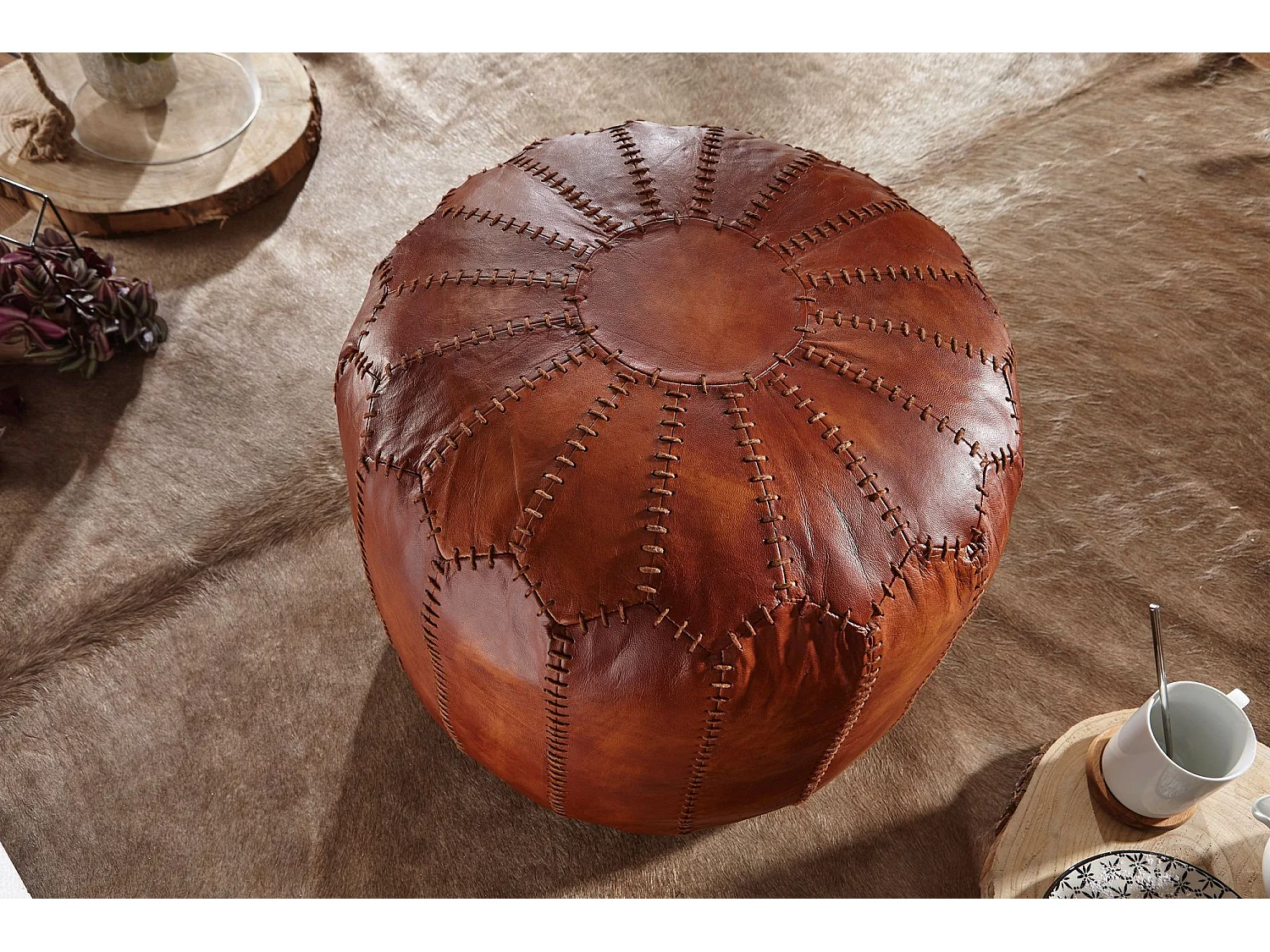 Sitzhocker Echtleder 52x40x52cm Pouf Polsterhocker Rund Hocker Orient